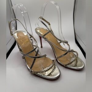 Christian Louboutin Gwinispike Metallic Silver Studded Strappy Heels size 37